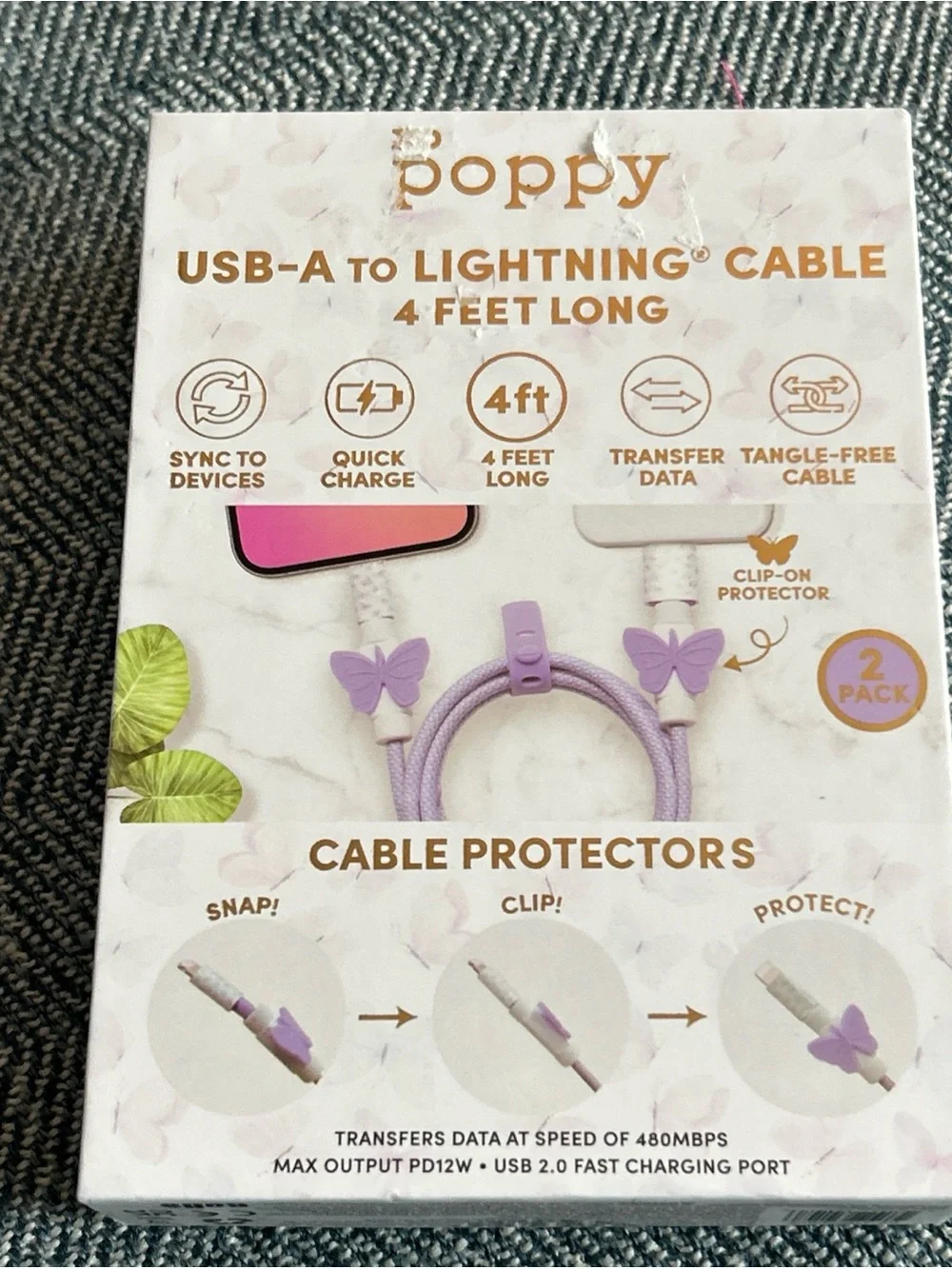 Poppy Clip & Protect USB-A to Lightning Cable – Lavender Butterfly
